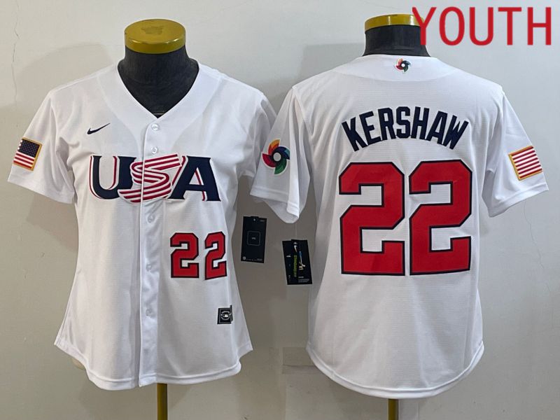 Youth 2023 World Cub USA #22 Kershaw White MLB Jersey9->youth mlb jersey->Youth Jersey